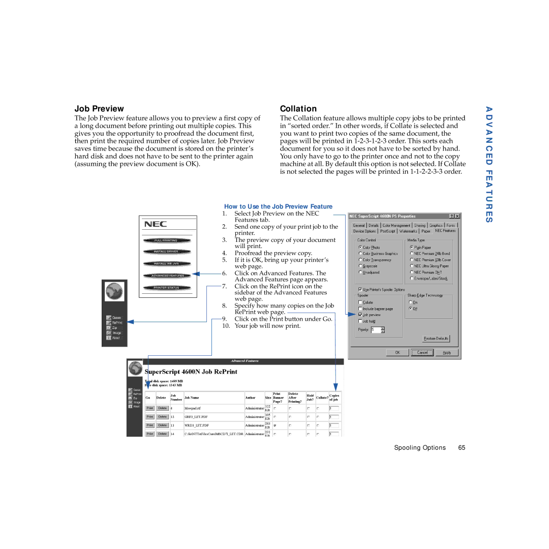 NEC 4600N manual Job Preview, Collation, Advanced Features 