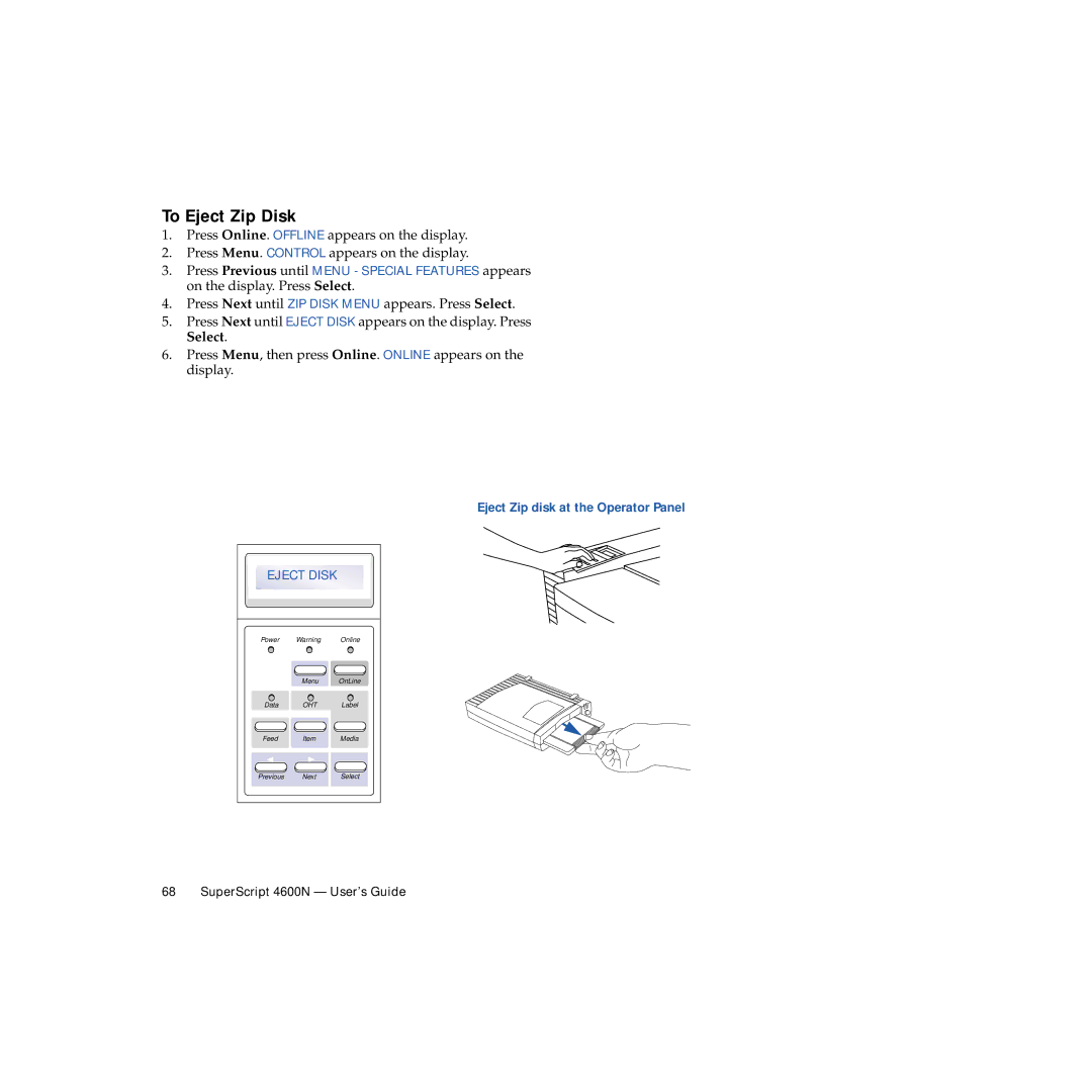 NEC 4600N manual To Eject Zip Disk, Eject Zip disk at the Operator Panel 