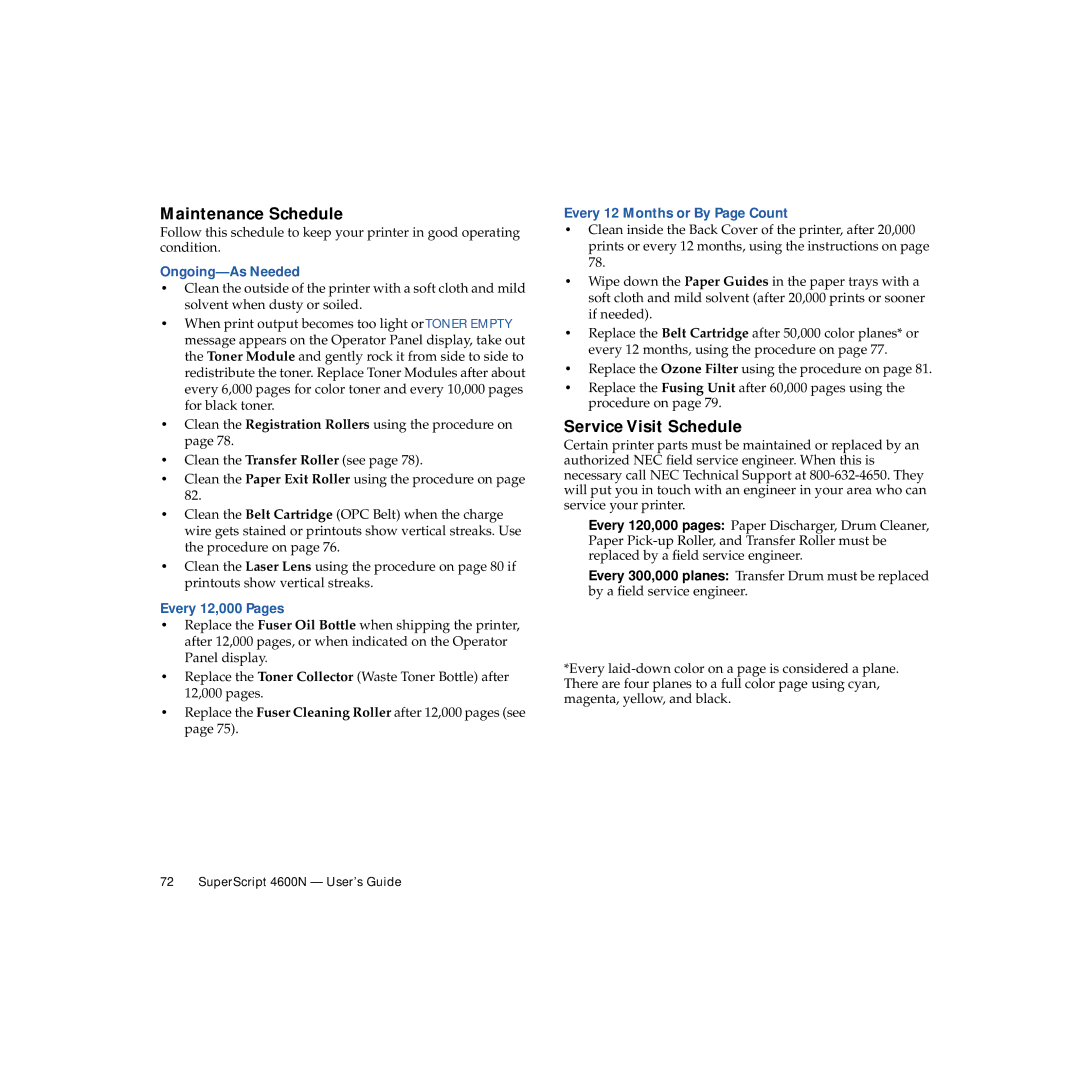 NEC 4600N manual Maintenance Schedule, Service Visit Schedule, Ongoing-As Needed, Every 12,000 Pages 