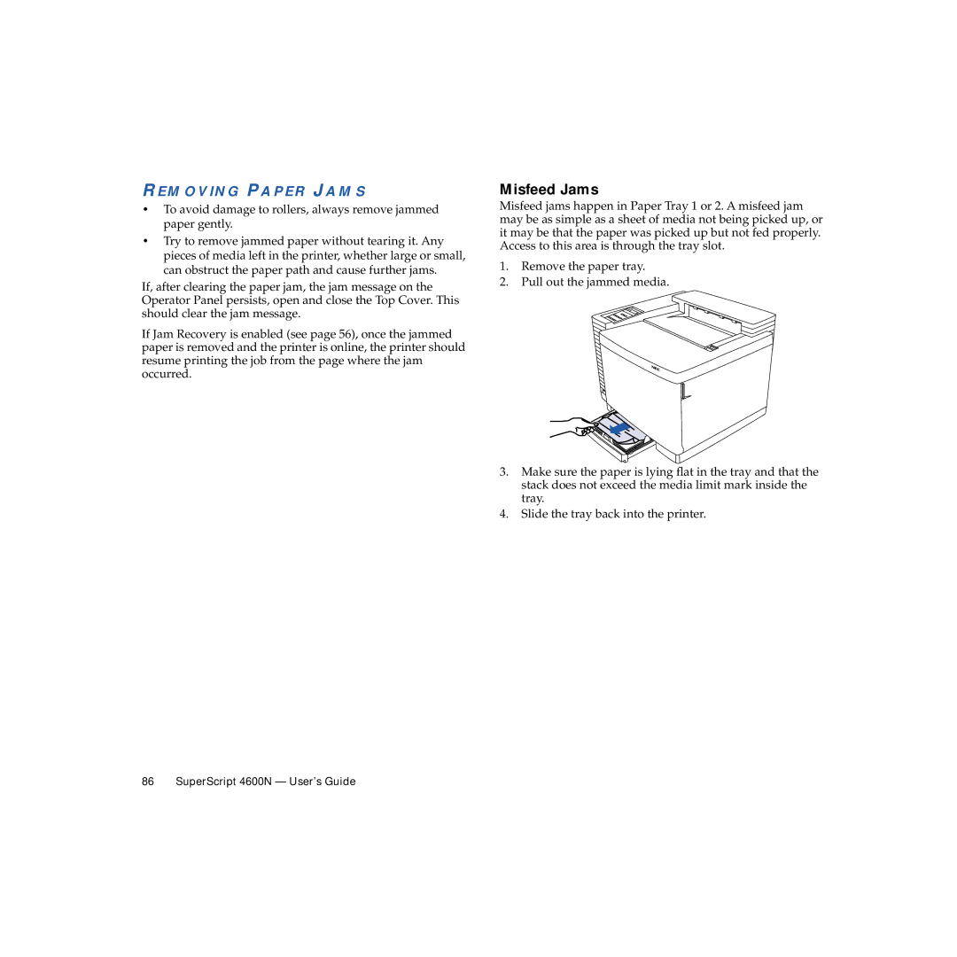 NEC 4600N manual Misfeed Jams, Removing Paper Jams 