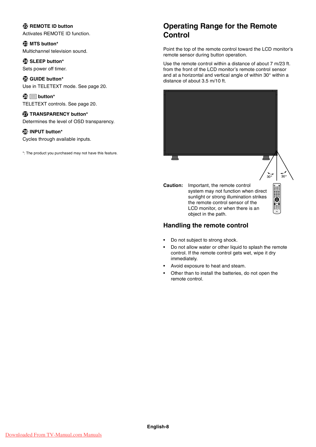 NEC 4620, 4020 user manual Operating Range for the Remote Control, Handling the remote control 