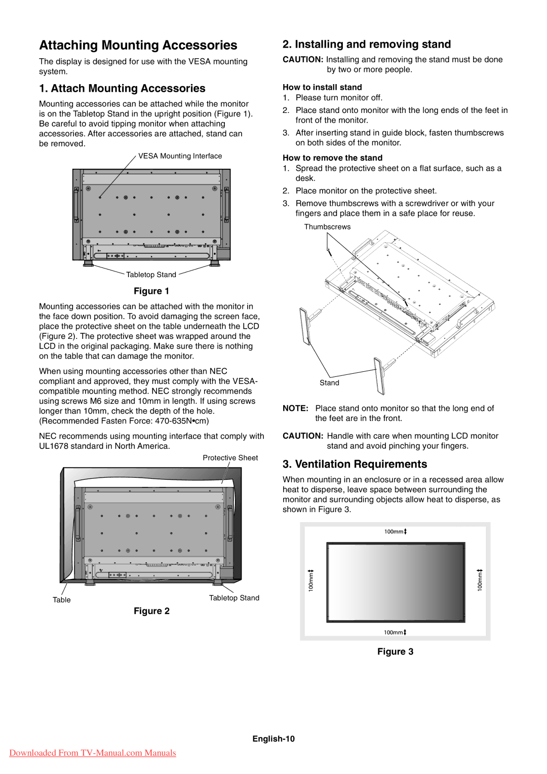 NEC 4620, 4020 user manual Attaching Mounting Accessories, Attach Mounting Accessories, Installing and removing stand 