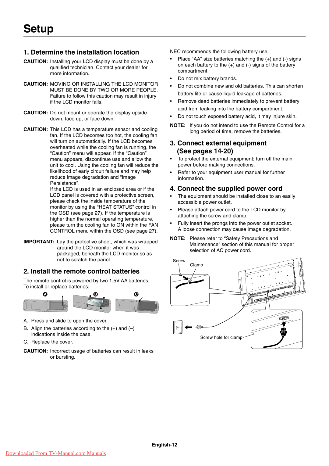 NEC 4620 Setup, Determine the installation location, Install the remote control batteries, Connect the supplied power cord 