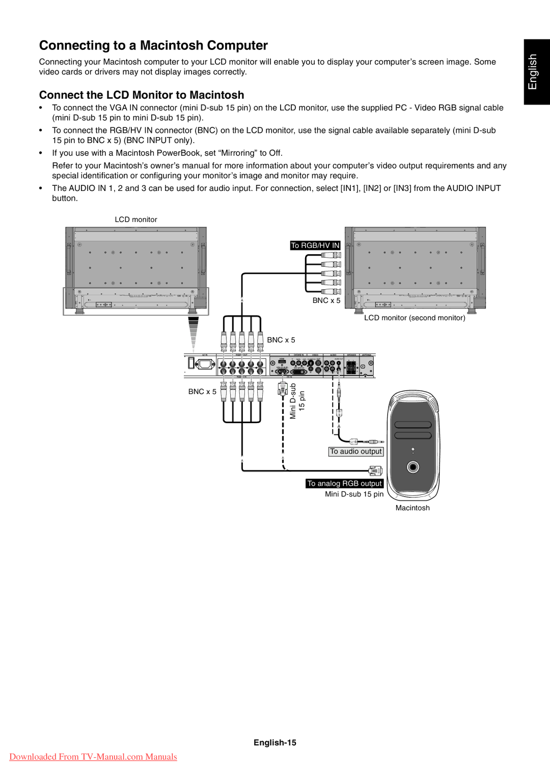 NEC 4020, 4620 user manual Connecting to a Macintosh Computer, Connect the LCD Monitor to Macintosh, English-15 