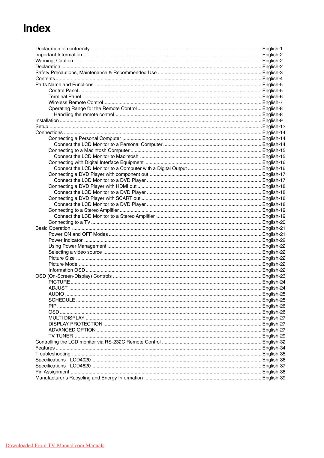 NEC 4620, 4020 user manual Index, TV Tuner 