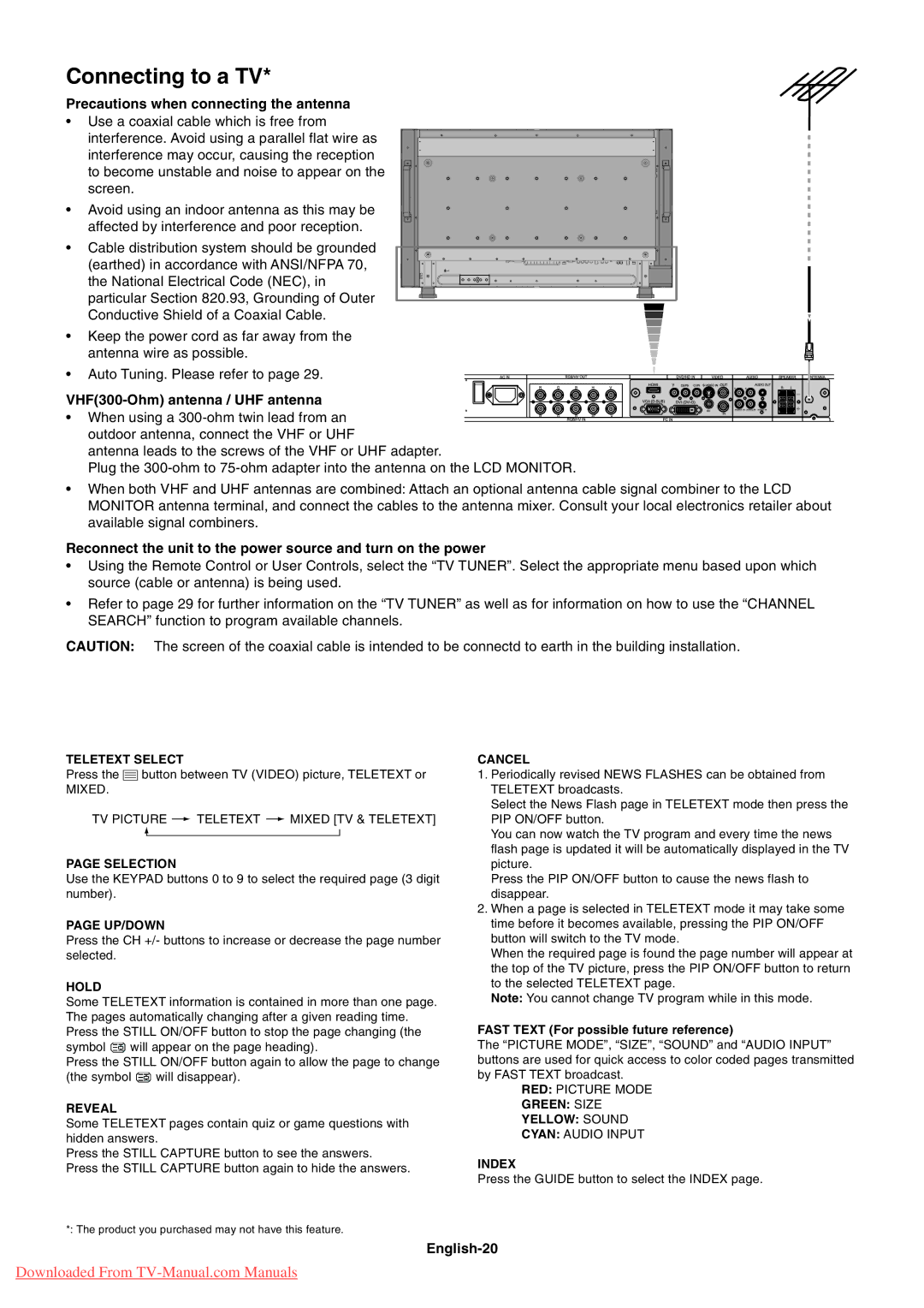 NEC 4620, 4020 user manual Connecting to a TV, Precautions when connecting the antenna, English-20 