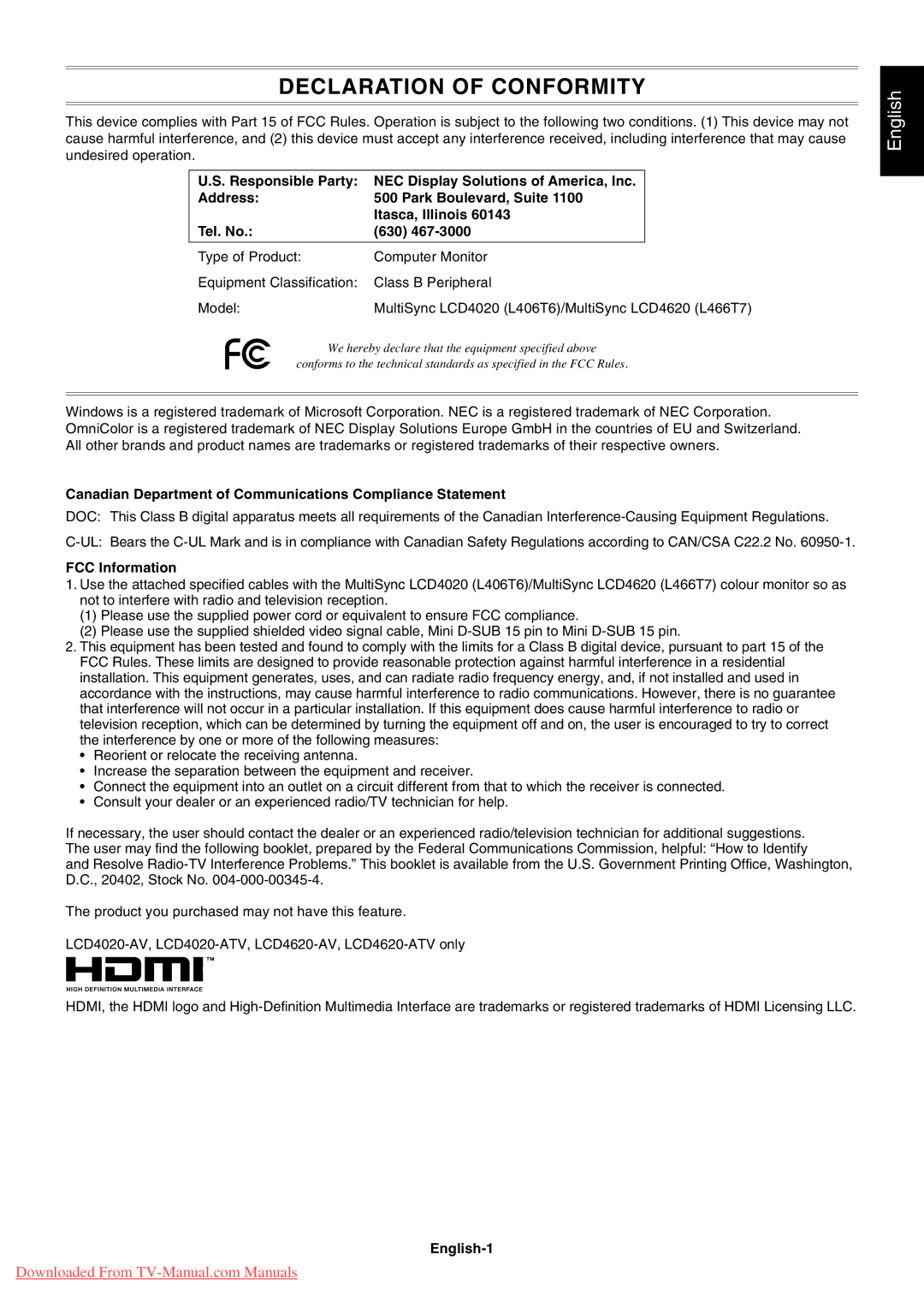 NEC 4020, 4620 user manual Canadian Department of Communications Compliance Statement, FCC Information, English-1 