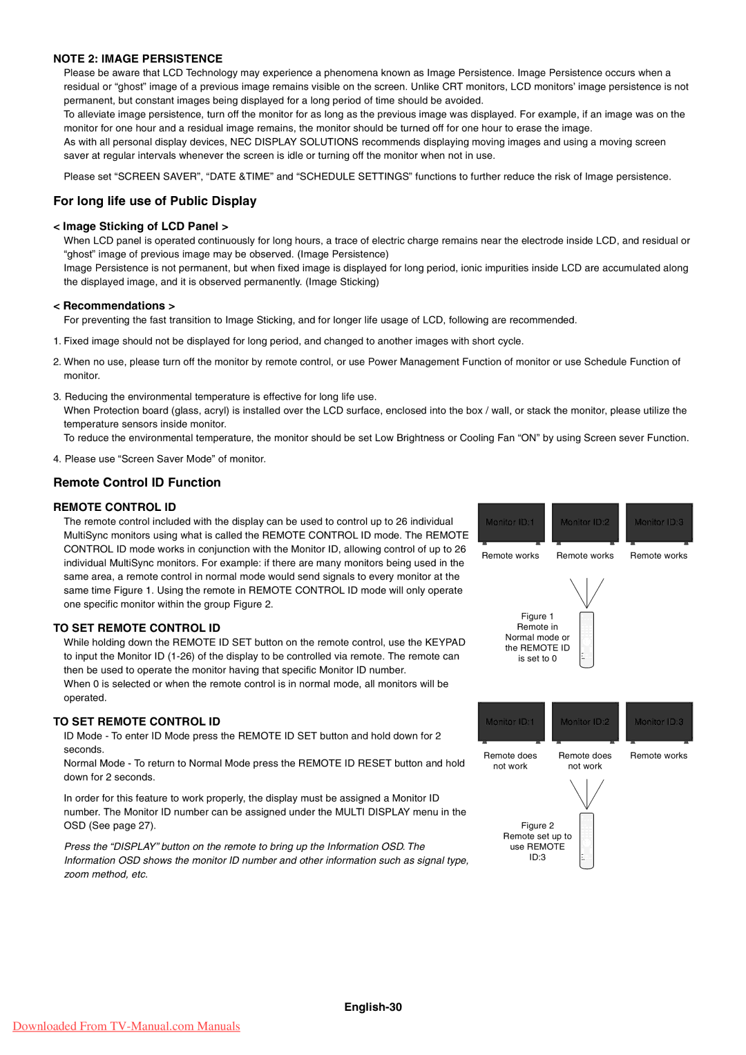 NEC 4620, 4020 user manual Image Sticking of LCD Panel, Recommendations, English-30 