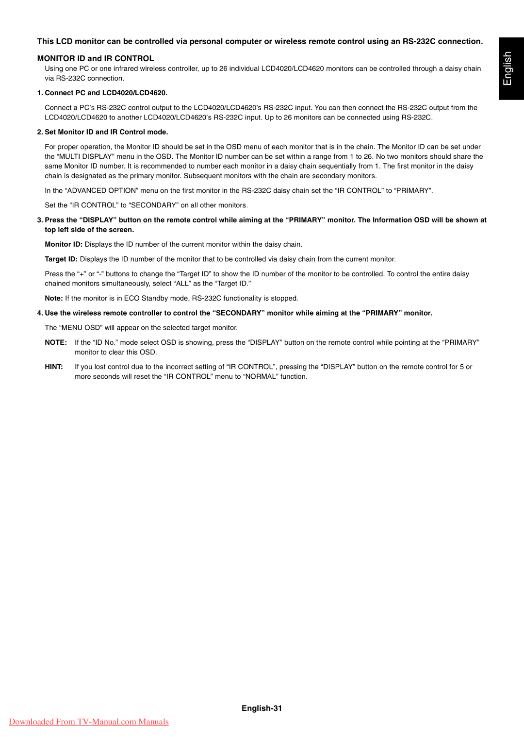 NEC user manual English-31, Connect PC and LCD4020/LCD4620 