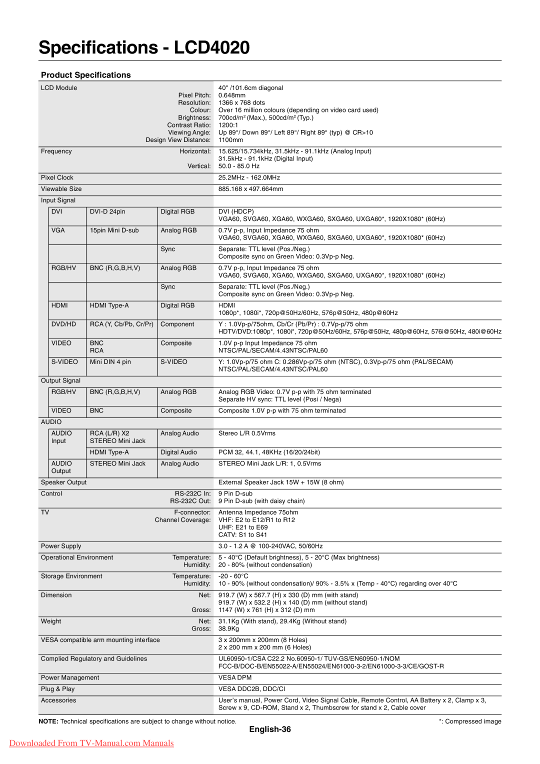 NEC 4620 user manual Specifications LCD4020, Product Specifications, English-36 