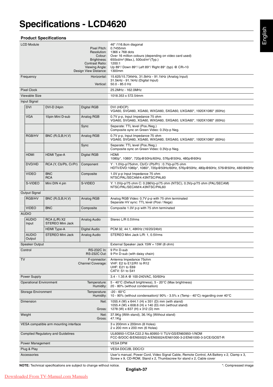 NEC 4020 user manual Specifications LCD4620, English-37 