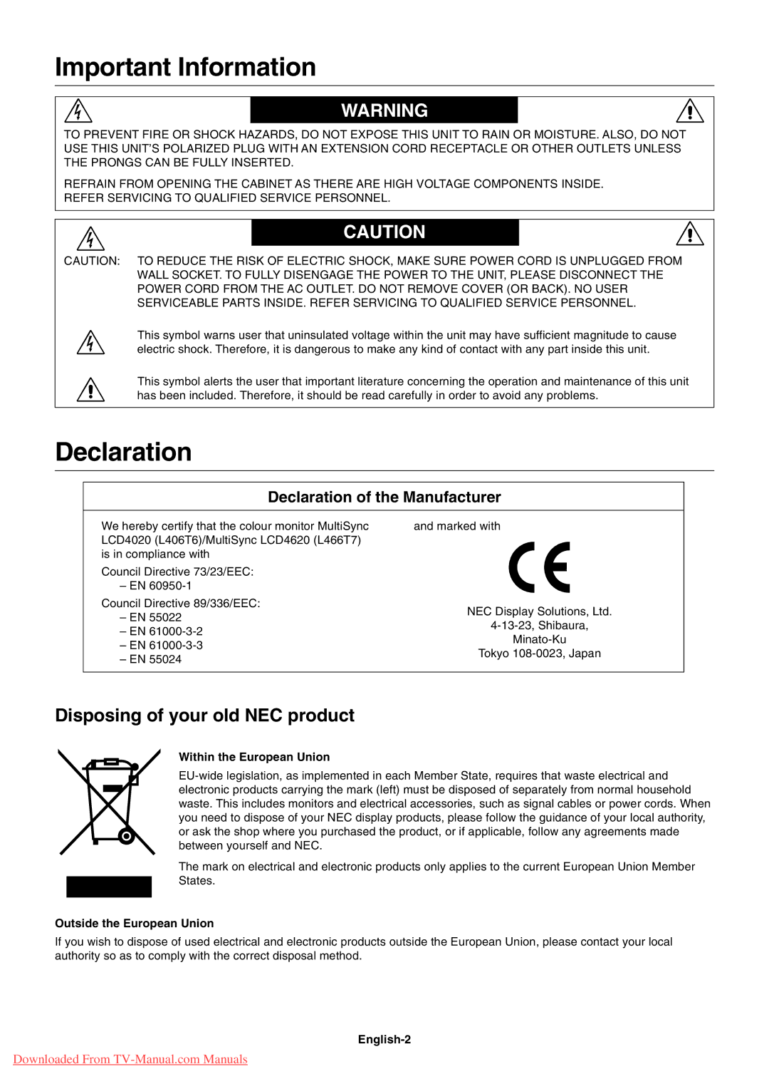 NEC 4620, 4020 user manual Important Information, Disposing of your old NEC product, Declaration of the Manufacturer 