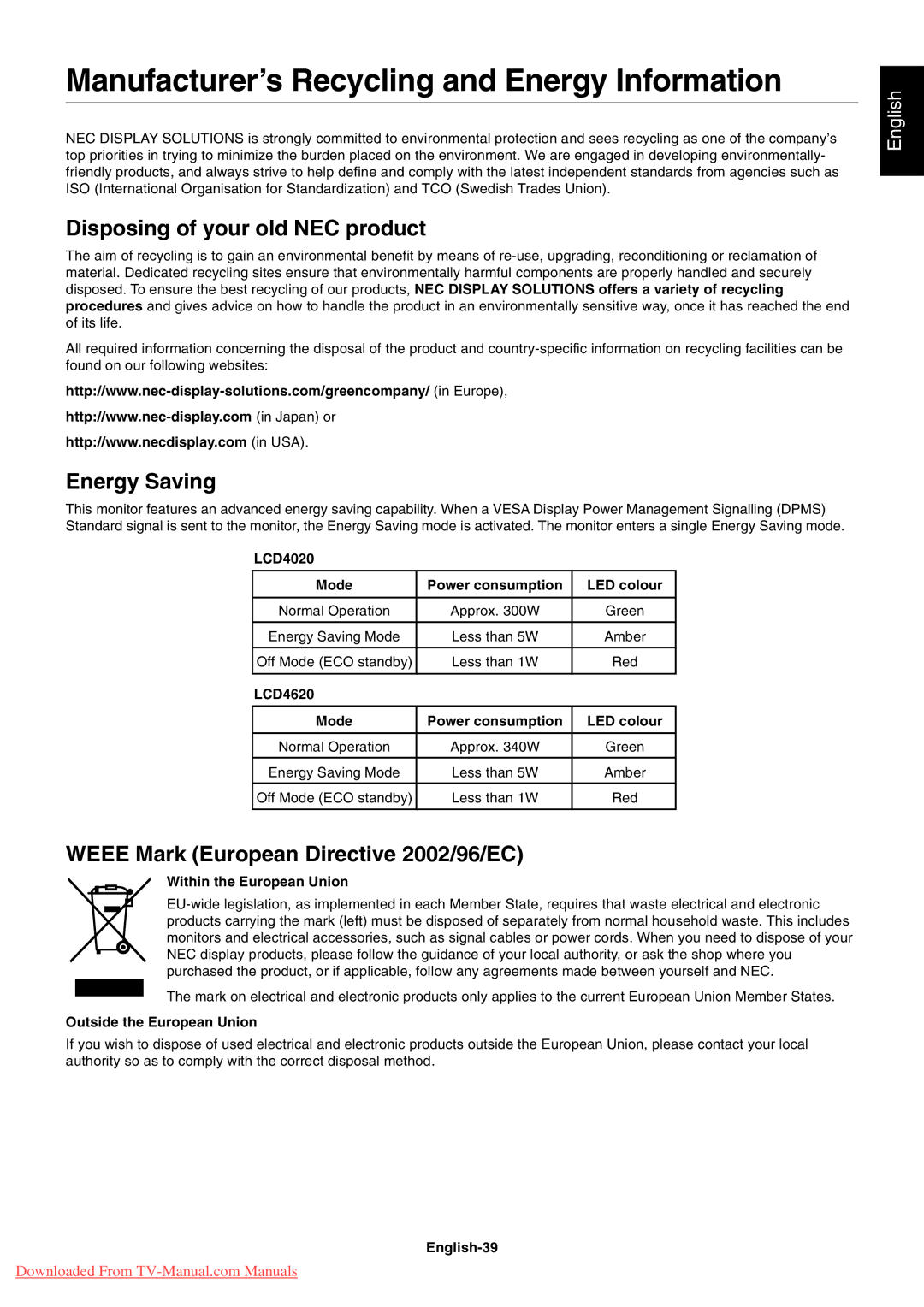 NEC 4020, 4620 Manufacturer’s Recycling and Energy Information, Energy Saving, Weee Mark European Directive 2002/96/EC 