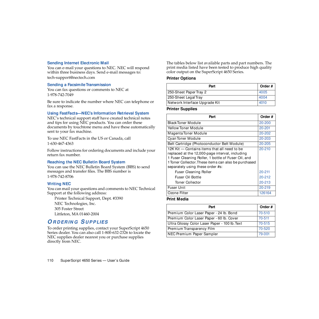 NEC 4650NX manual Ordering Supplies 