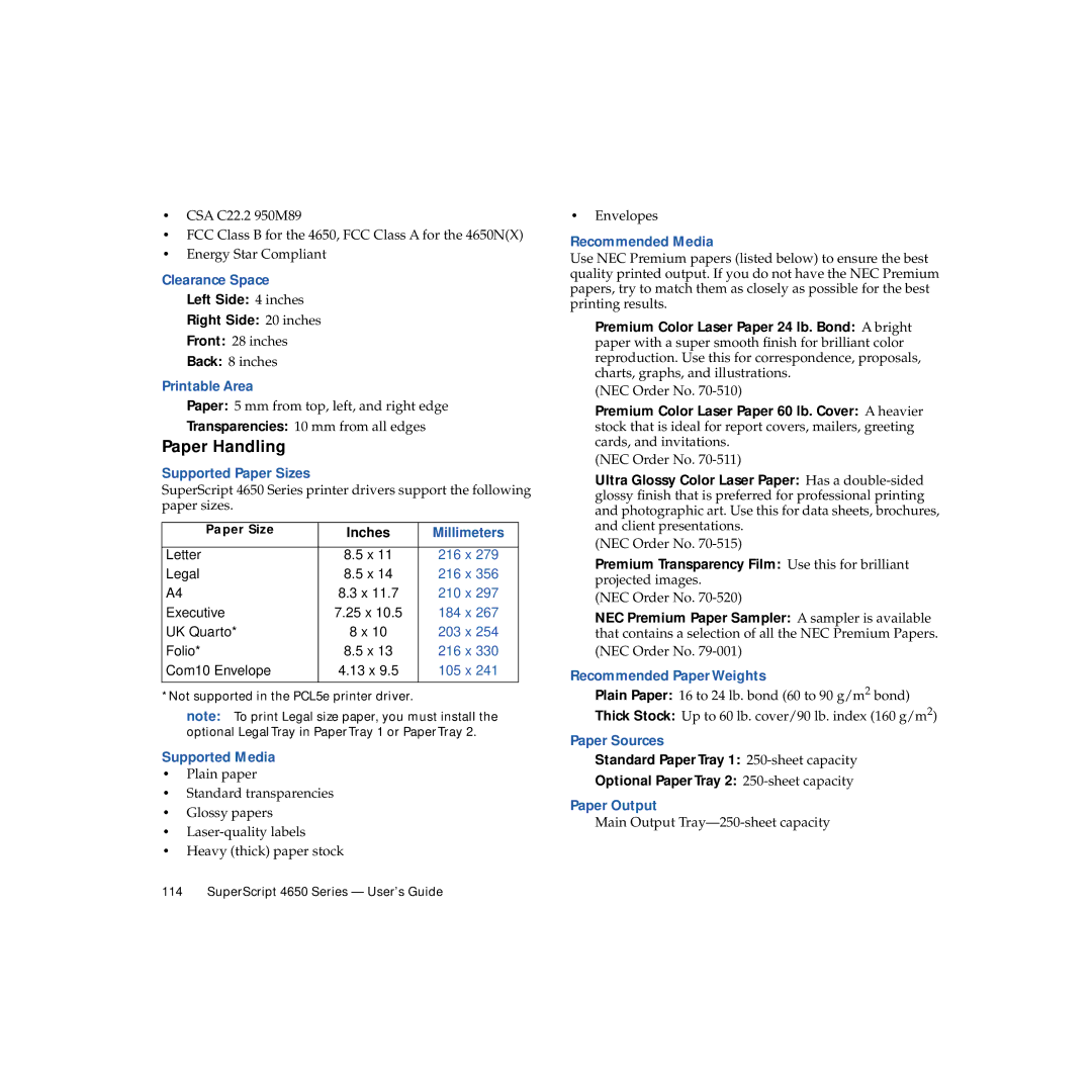 NEC 4650NX Clearance Space, Printable Area, Recommended Media, Recommended Paper Weights, Paper Sources, Paper Output 