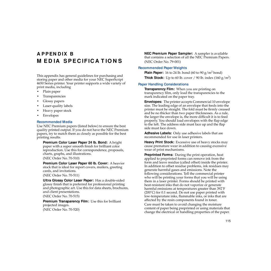 NEC 4650NX manual Media Specifications, Paper Handling Considerations 