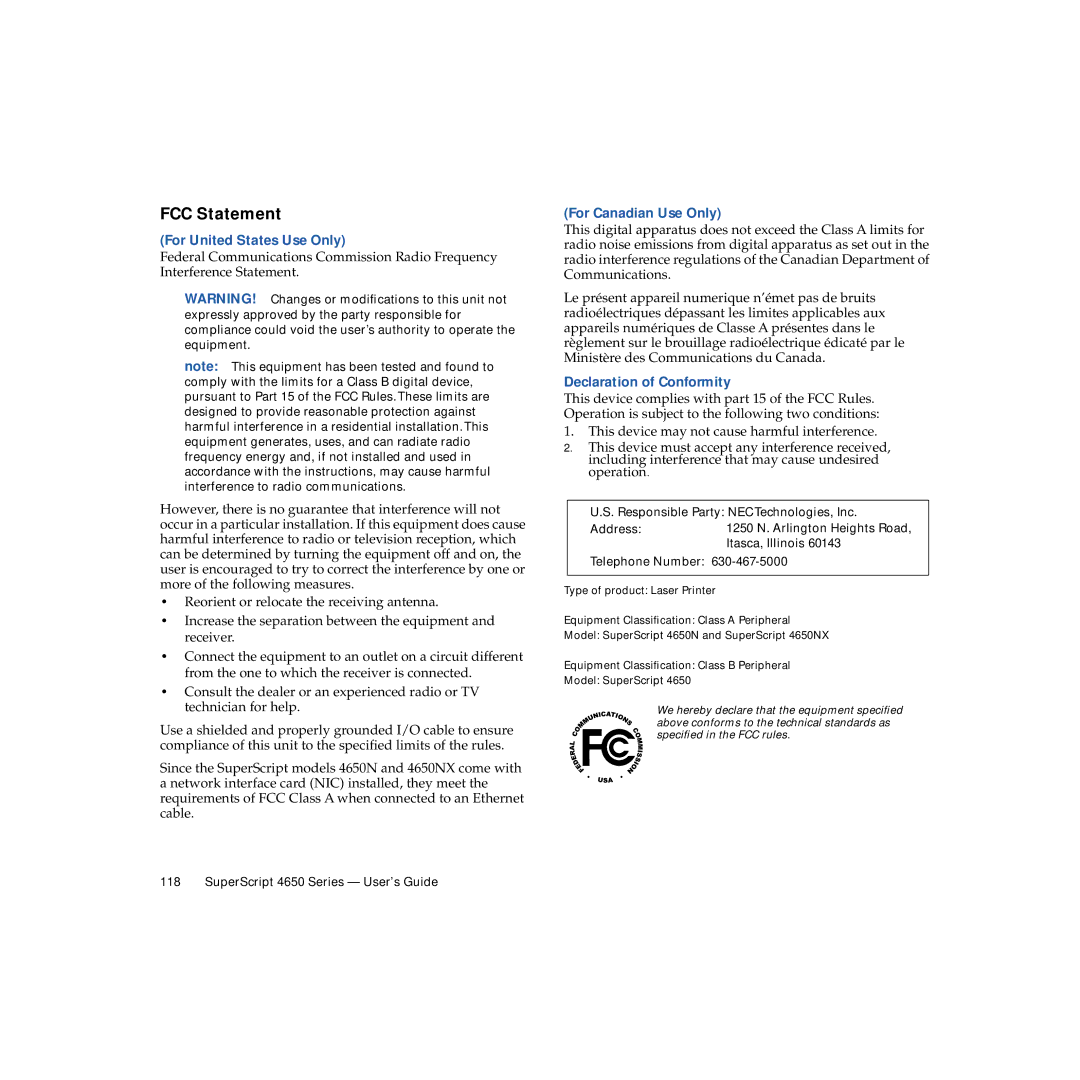 NEC 4650NX manual FCC Statement, For United States Use Only, For Canadian Use Only, Declaration of Conformity 