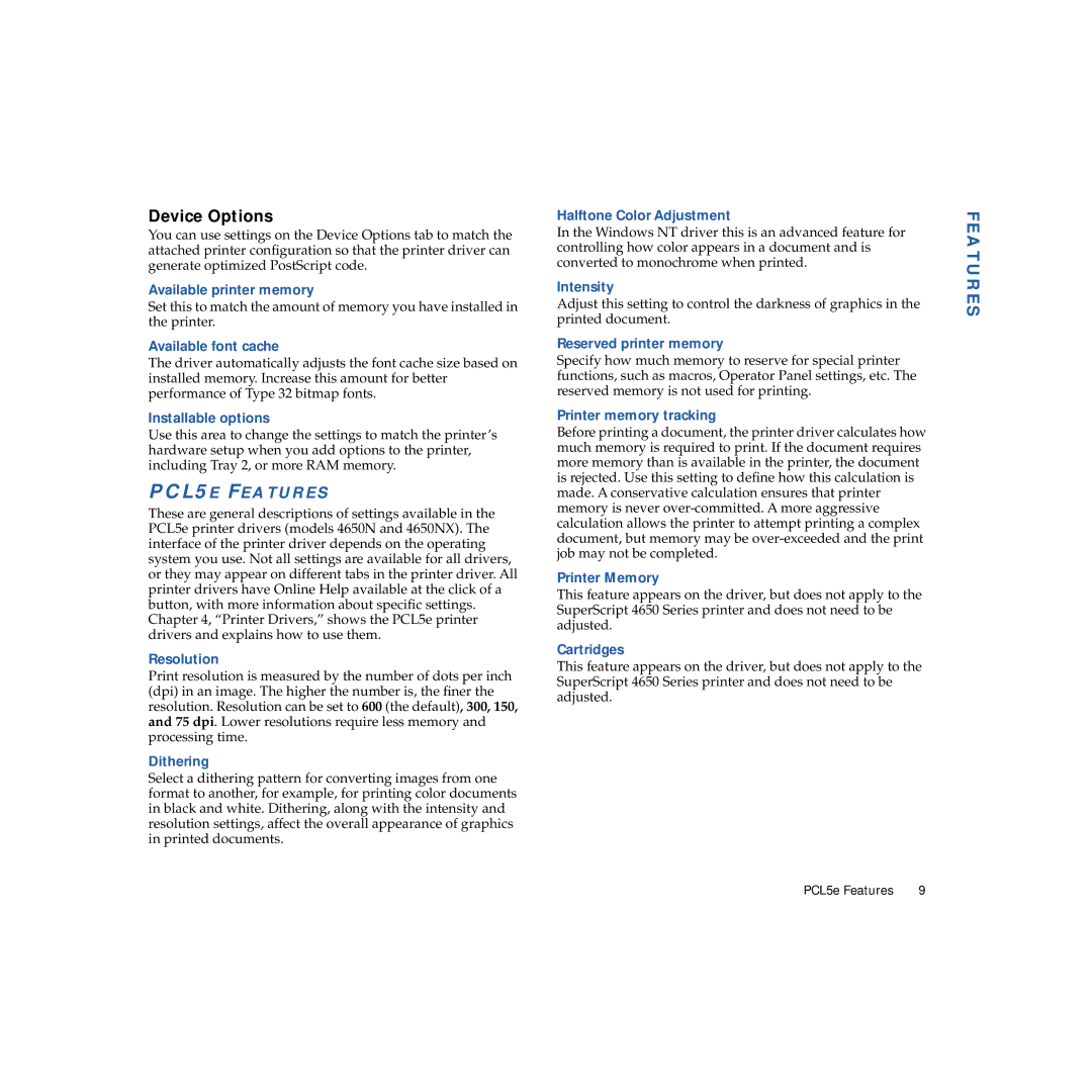 NEC 4650NX manual Device Options, PCL5E Features 