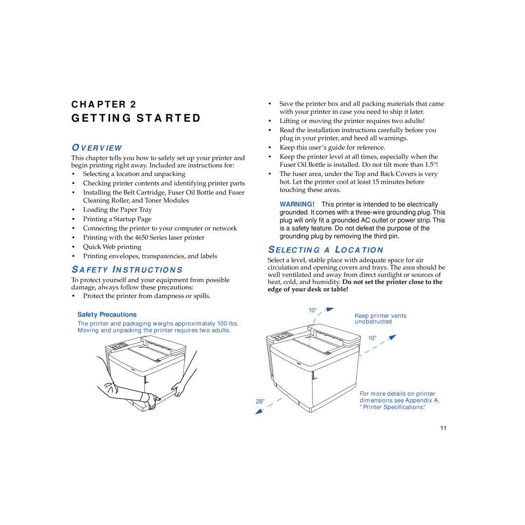 NEC 4650NX manual Getting Started, Safety Instructions, Selecting a Location, Safety Precautions 