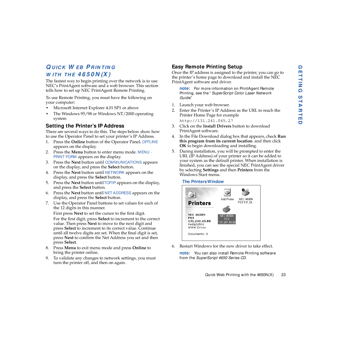 NEC Setting the Printer’s IP Address, Easy Remote Printing Setup, Quick WEB Printing With the 4650NX, Printers Window 