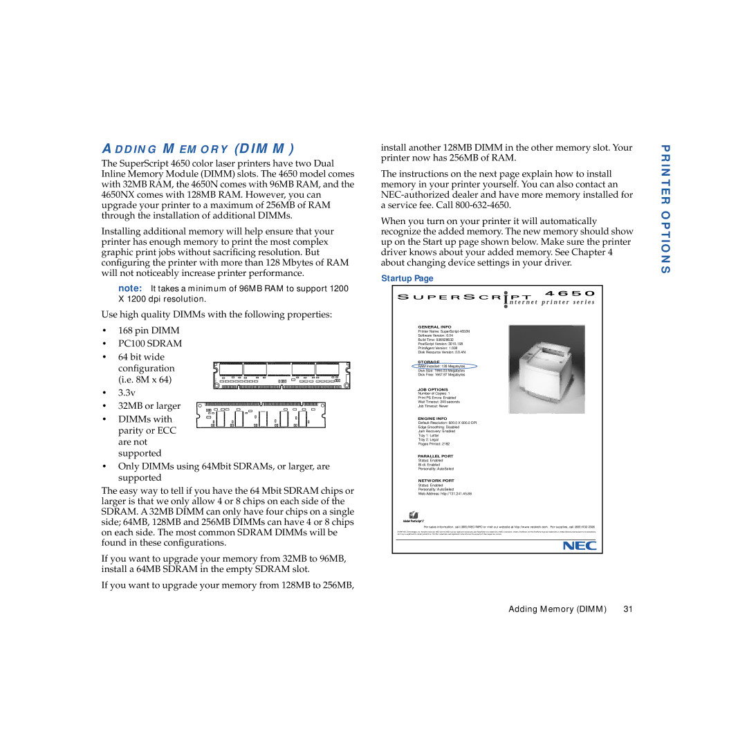 NEC 4650NX manual Adding Memory Dimm, PC100 Sdram 