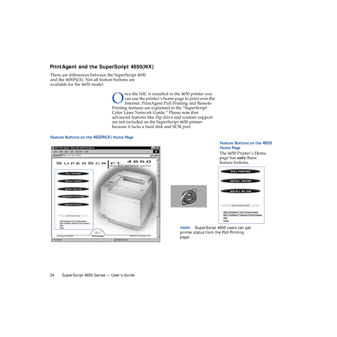 NEC manual PrintAgent and the SuperScript 4650NX, Feature Buttons on the 4650NX Home 