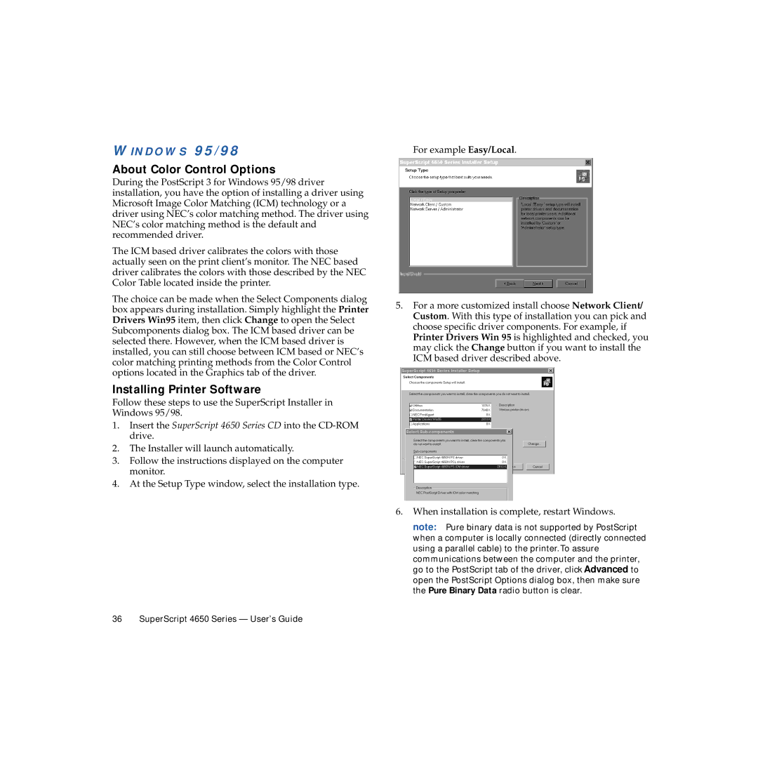 NEC 4650NX manual About Color Control Options, Installing Printer Software, Windows 95/98 