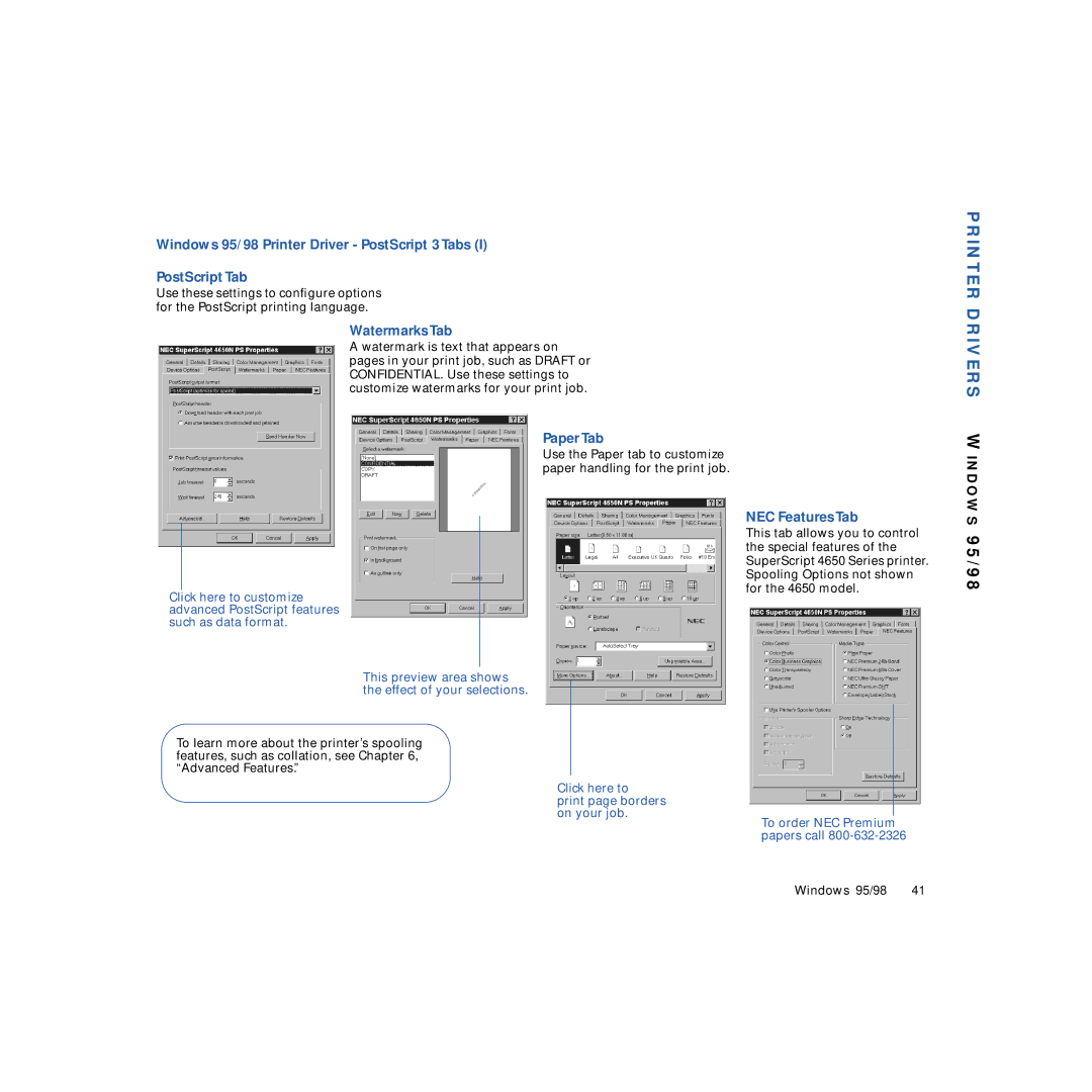 NEC 4650NX manual Printer Drivers W, Watermarks Tab, Paper Tab, NEC Features Tab 