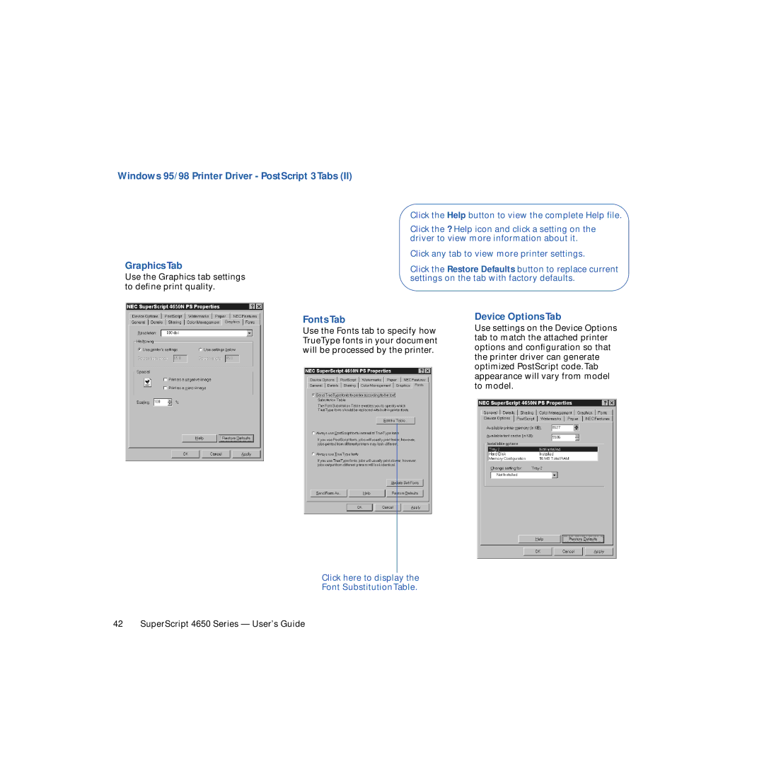 NEC 4650NX manual Windows 95/98 Printer Driver PostScript 3 Tabs Graphics Tab, Fonts Tab, Device Options Tab 