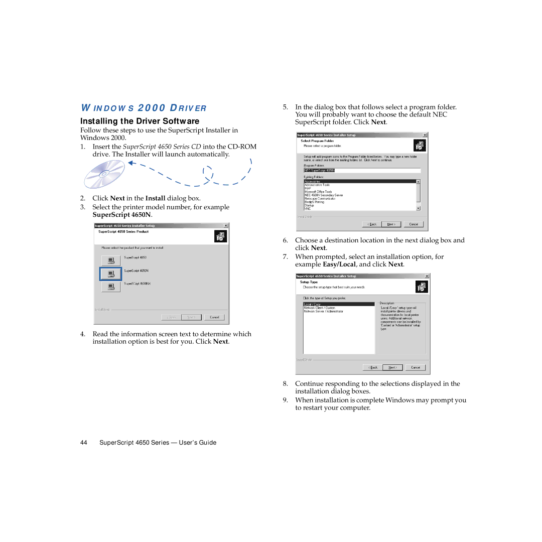 NEC 4650NX manual Installing the Driver Software, Windows 2000 Driver 