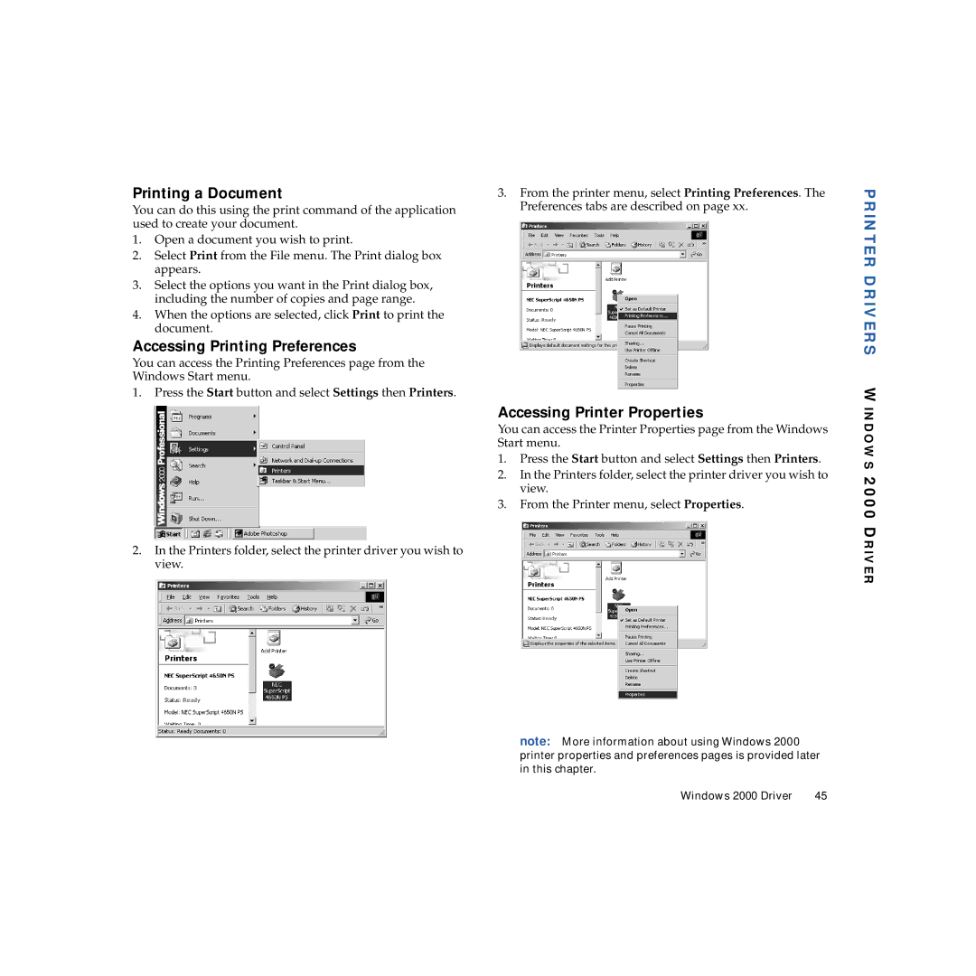 NEC 4650NX manual Accessing Printing Preferences, Accessing Printer Properties, Printer Drivers Windows 2000 Driver 