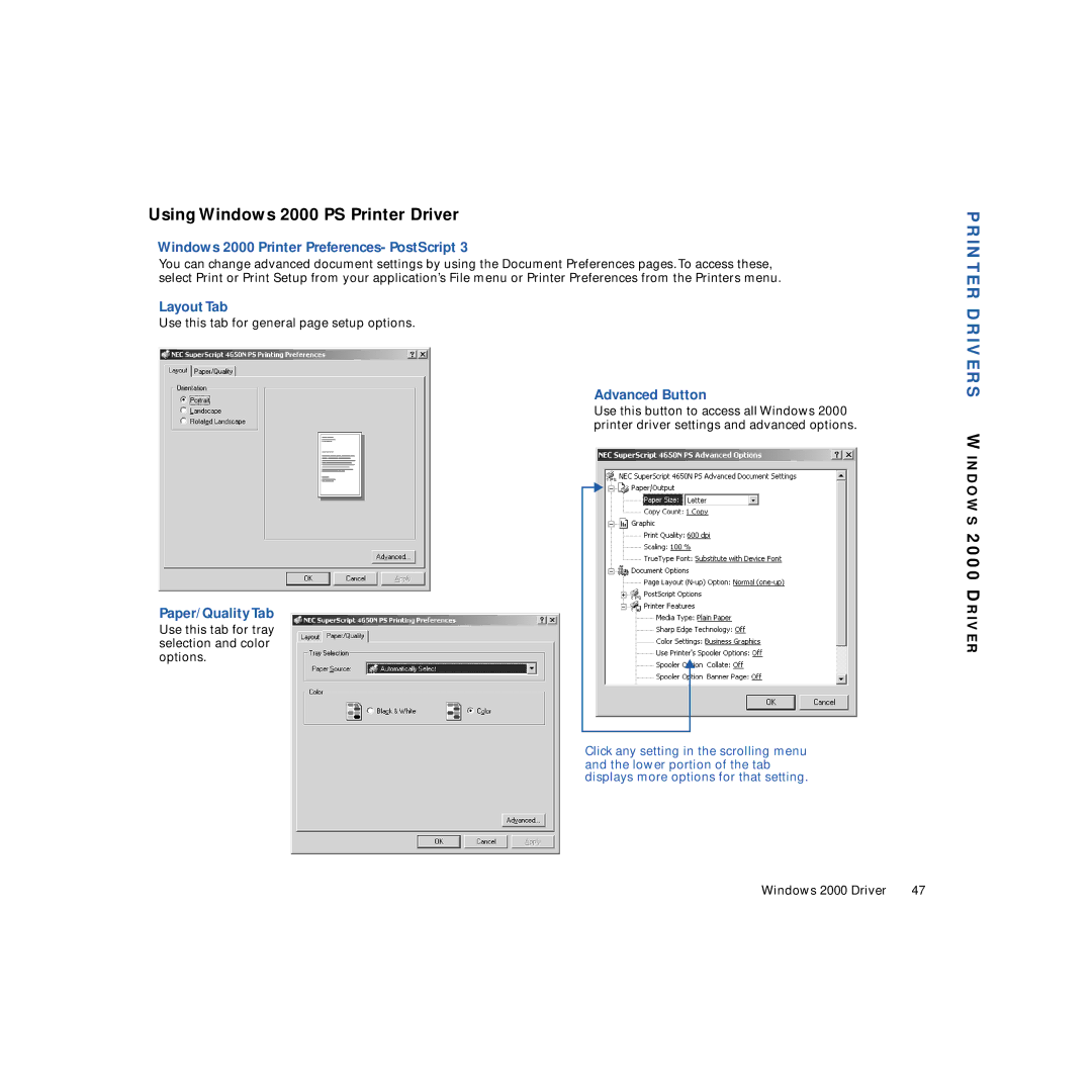 NEC 4650N Using Windows 2000 PS Printer Driver, Windows 2000 Printer Preferences- PostScript, Layout Tab, Advanced Button 