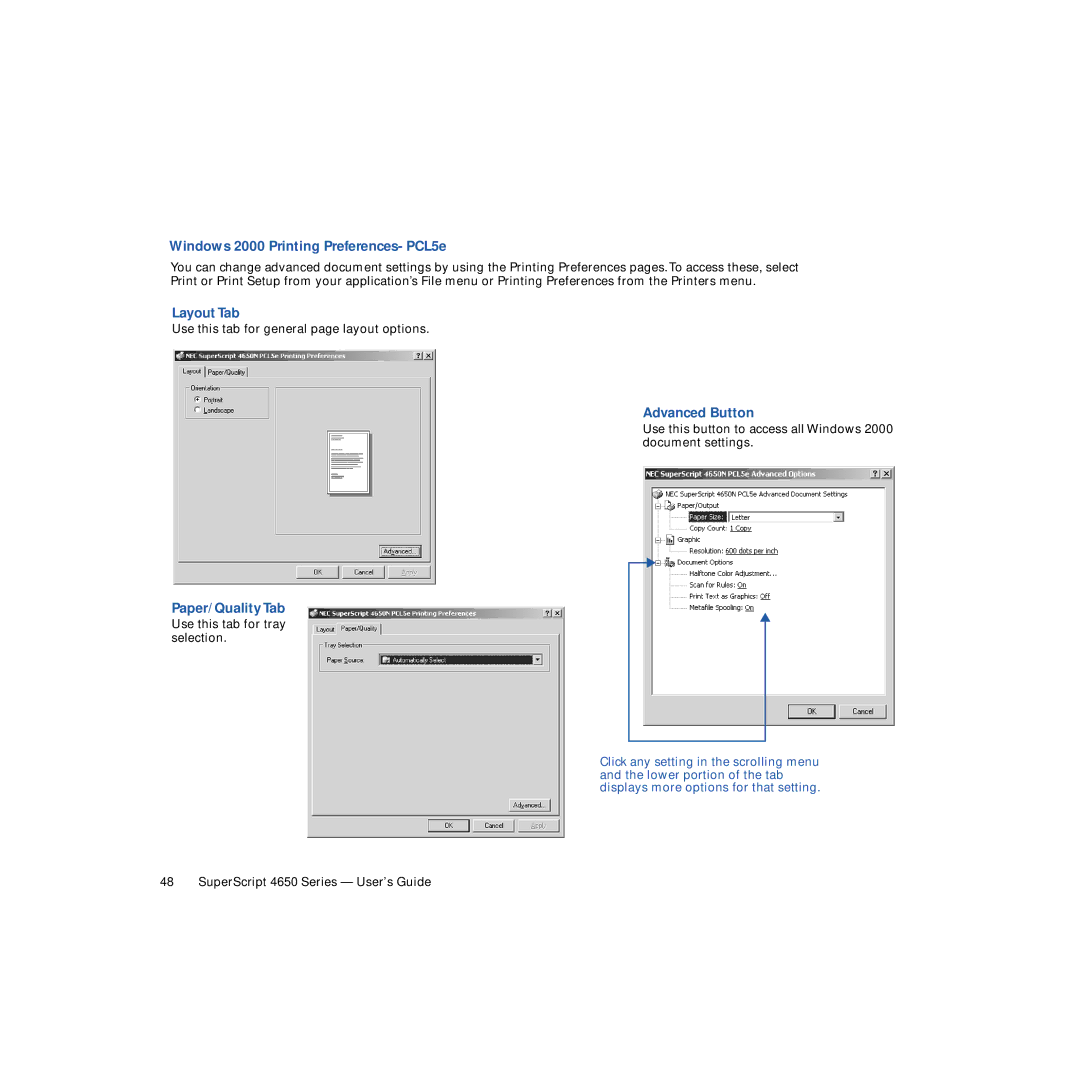 NEC 4650NX manual Windows 2000 Printing Preferences- PCL5e 