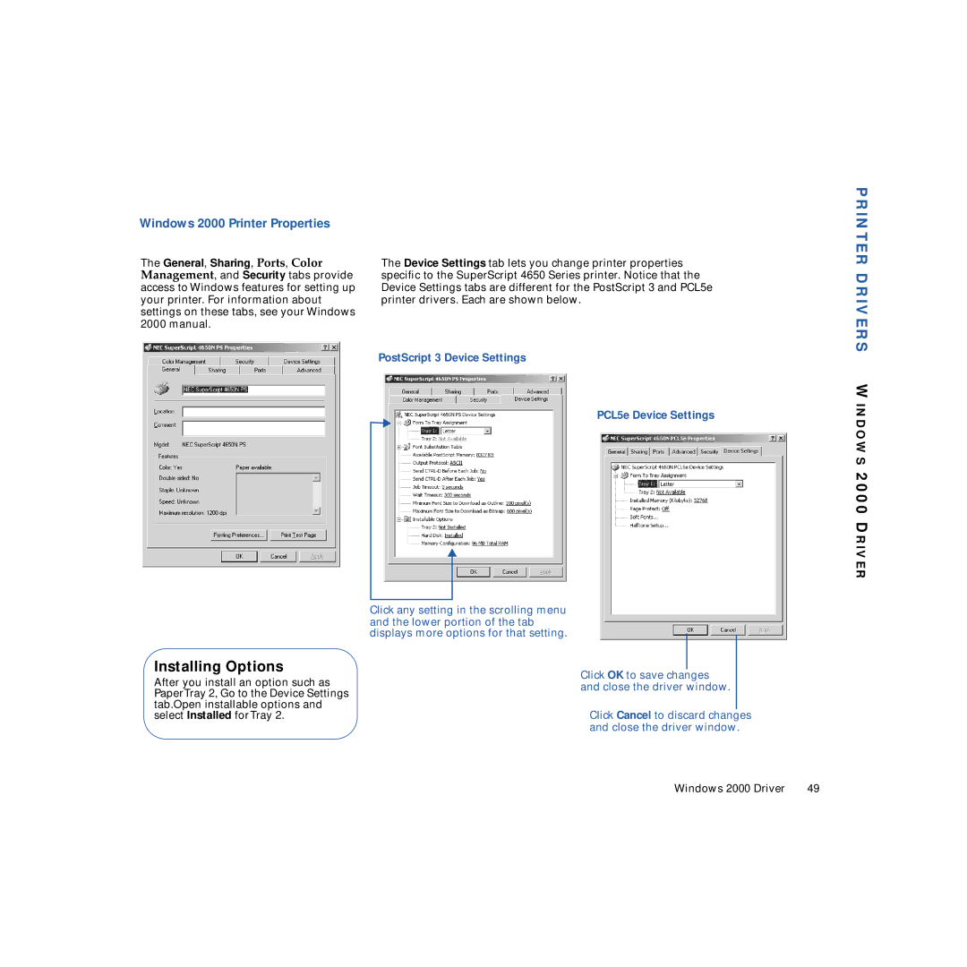 NEC 4650NX manual Installing Options, Windows 2000 Printer Properties 