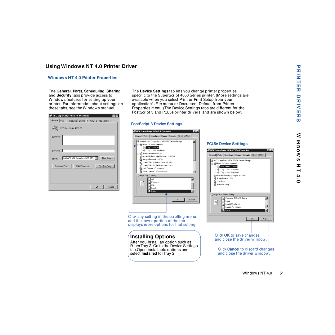 NEC 4650NX manual Using Windows NT 4.0 Printer Driver, Drivers Windows NT, Windows NT 4.0 Printer Properties 