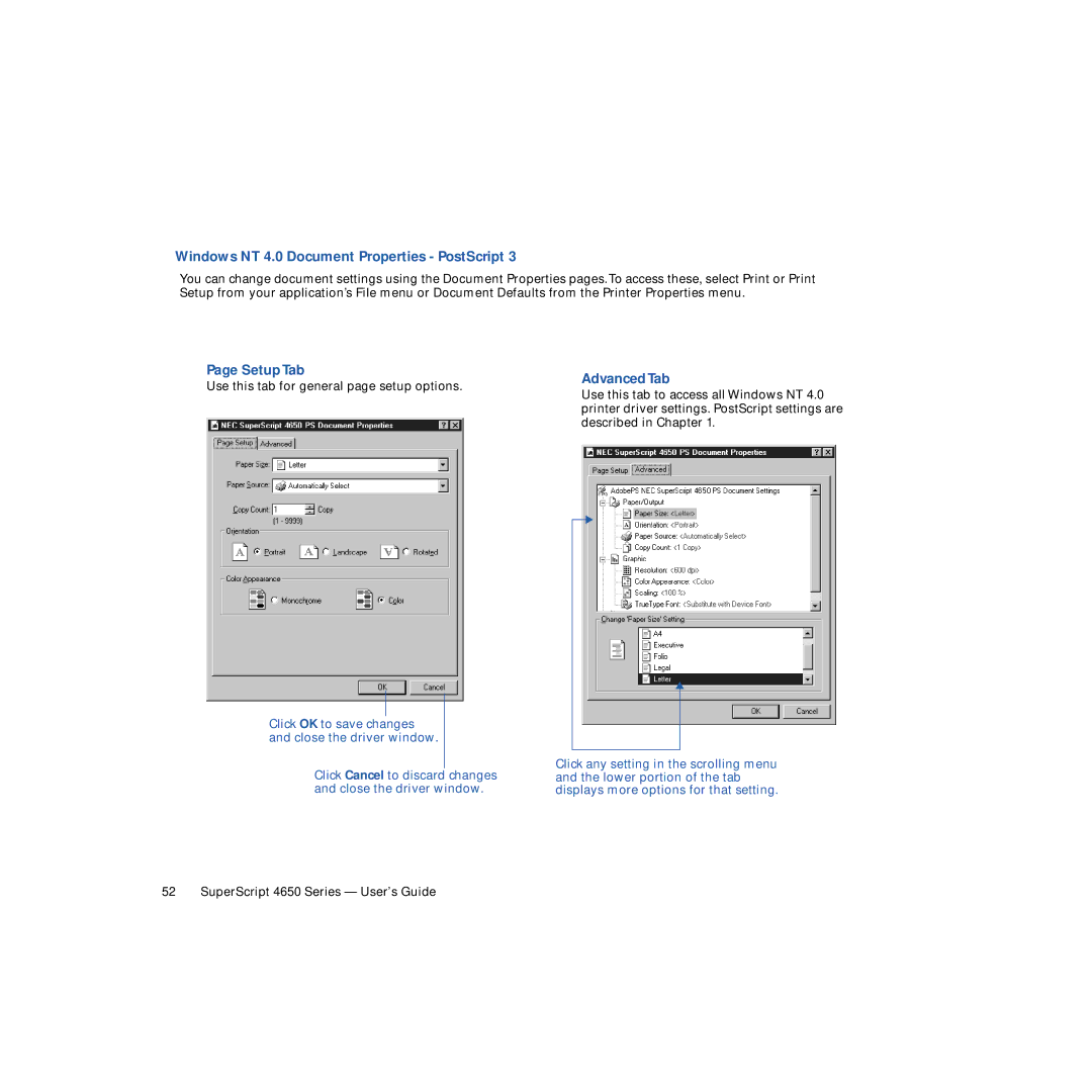 NEC 4650NX manual Windows NT 4.0 Document Properties PostScript, Setup Tab, Advanced Tab 