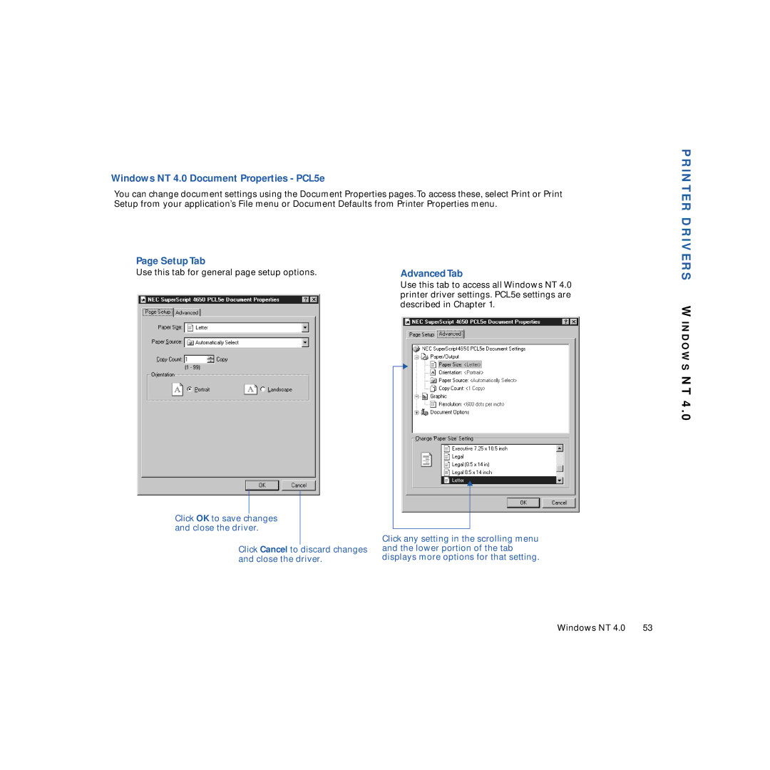 NEC 4650NX manual Printer Drivers, Windows NT 4.0 Document Properties PCL5e 