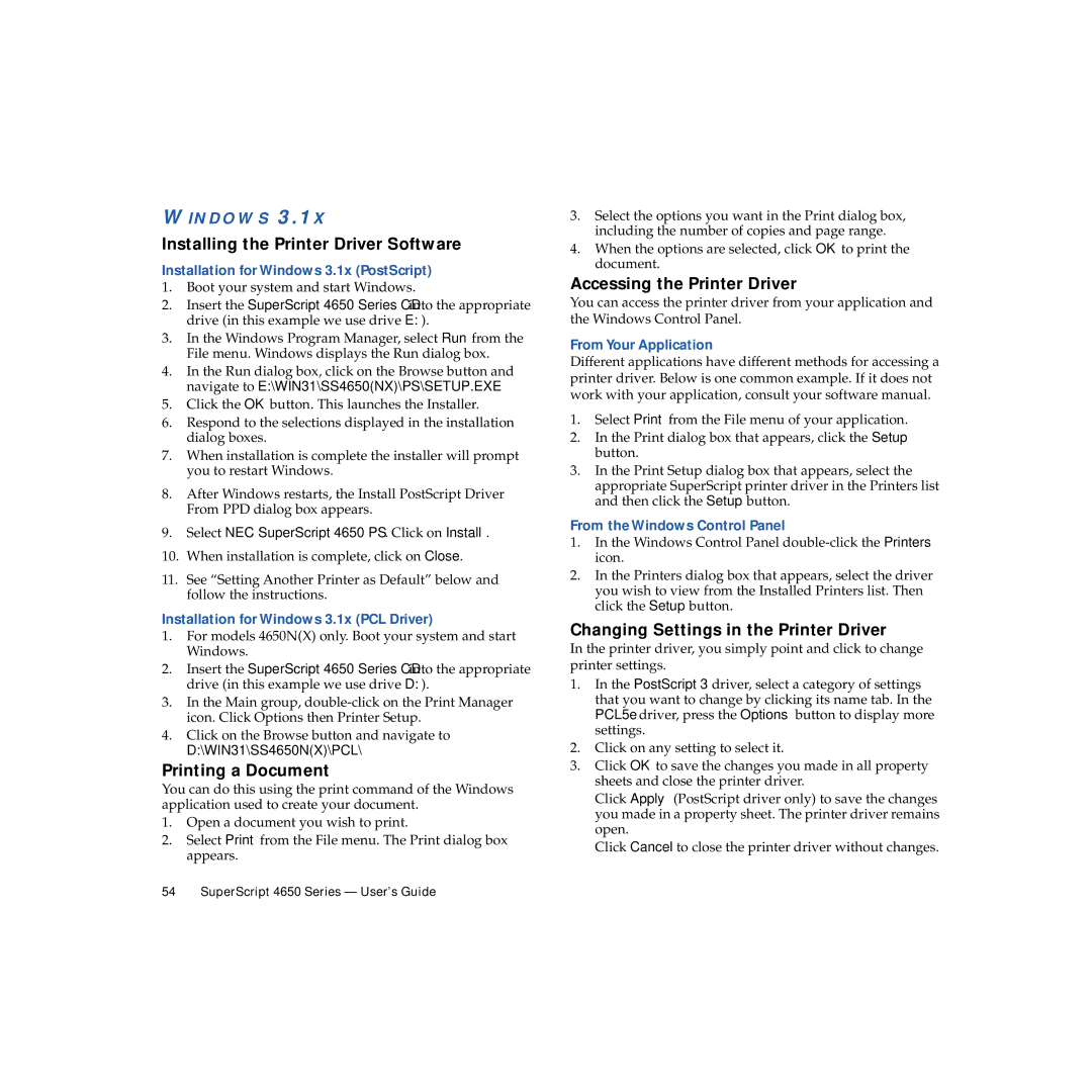 NEC 4650NX Installing the Printer Driver Software, Accessing the Printer Driver, Installation for Windows 3.1x PostScript 