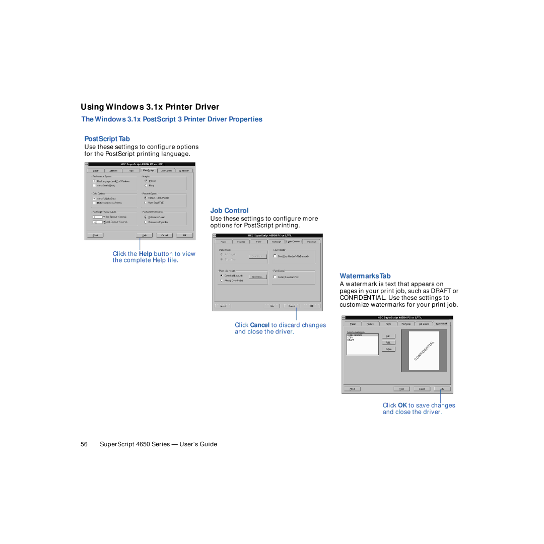 NEC 4650NX manual Using Windows 3.1x Printer Driver, Job Control 