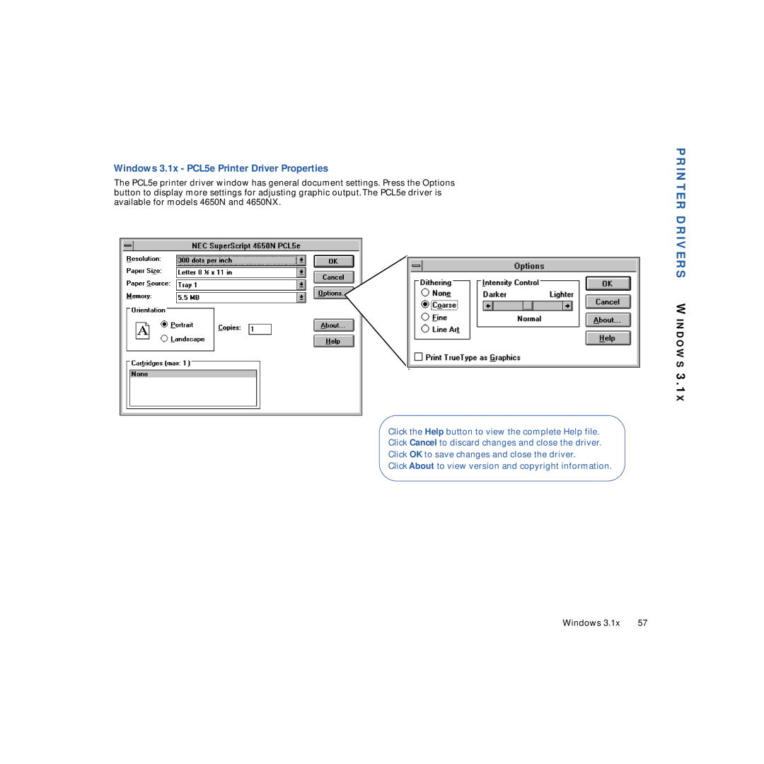 NEC 4650NX manual Printer Drivers Windows, Windows 3.1x PCL5e Printer Driver Properties 