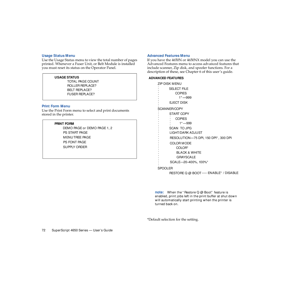 NEC 4650NX manual Usage Status Menu, Print Form Menu, Advanced Features Menu 