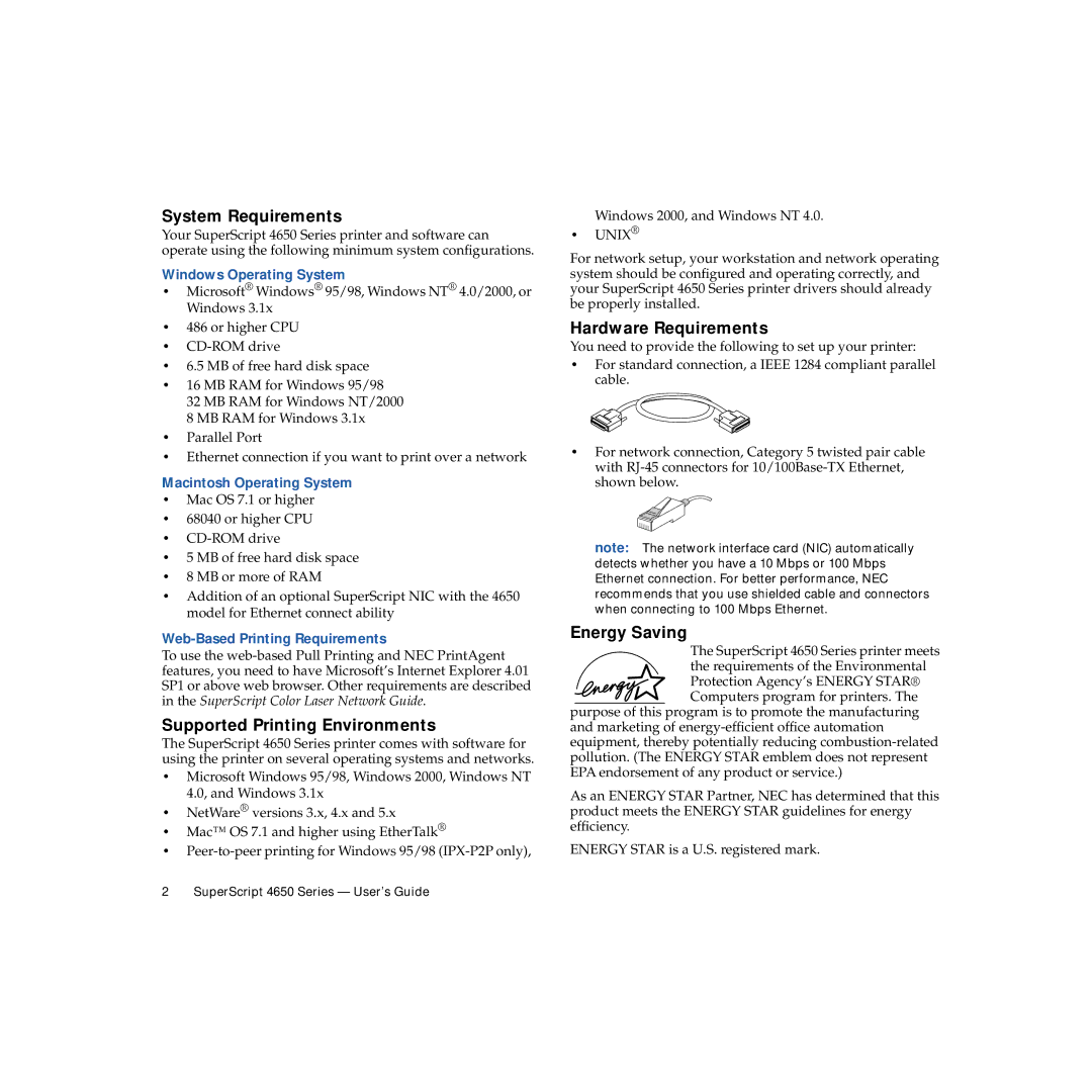 NEC 4650NX manual System Requirements, Supported Printing Environments, Hardware Requirements, Energy Saving 