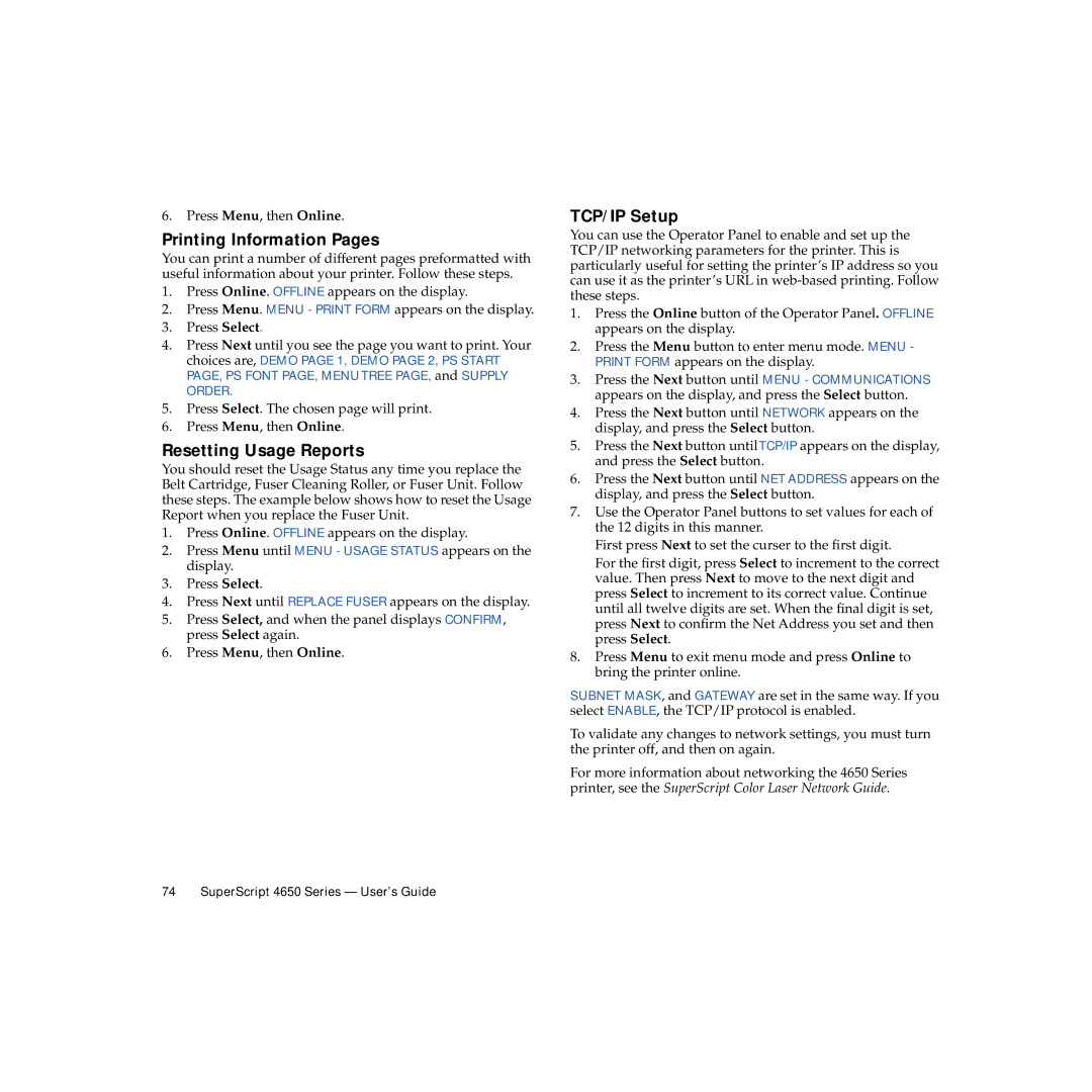 NEC 4650NX manual Printing Information Pages, Resetting Usage Reports, TCP/IP Setup 