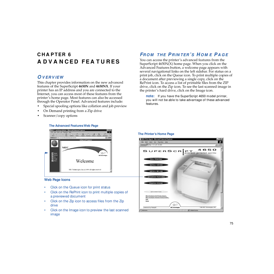 NEC 4650NX manual Advanced Features, From the PRINTER’S Home, Web Page Icons 