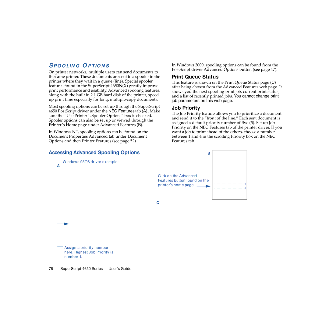 NEC 4650NX manual Print Queue Status, Job Priority, Spooling Options 