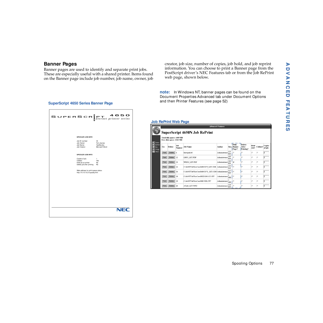 NEC 4650NX manual Banner Pages, Advanced 