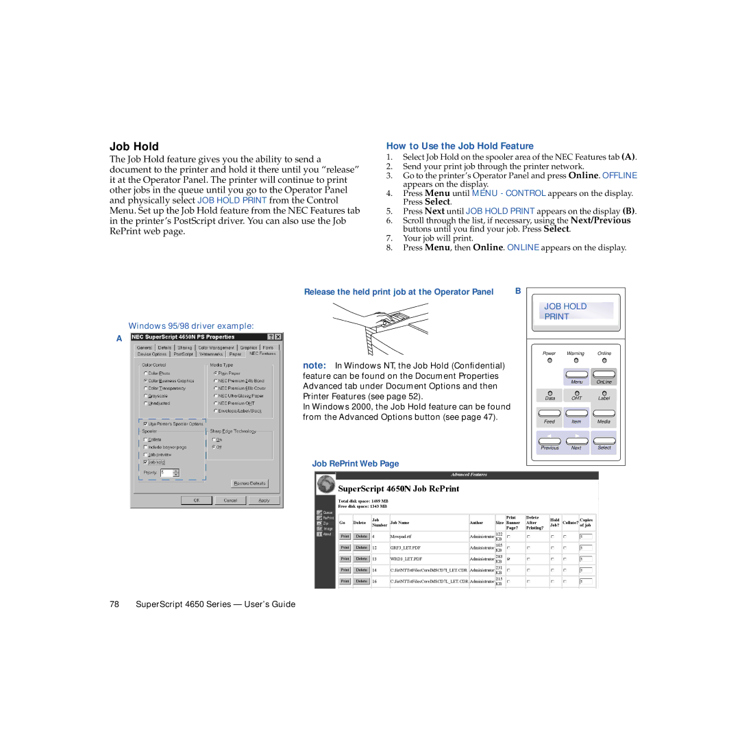 NEC 4650NX manual How to Use the Job Hold Feature 