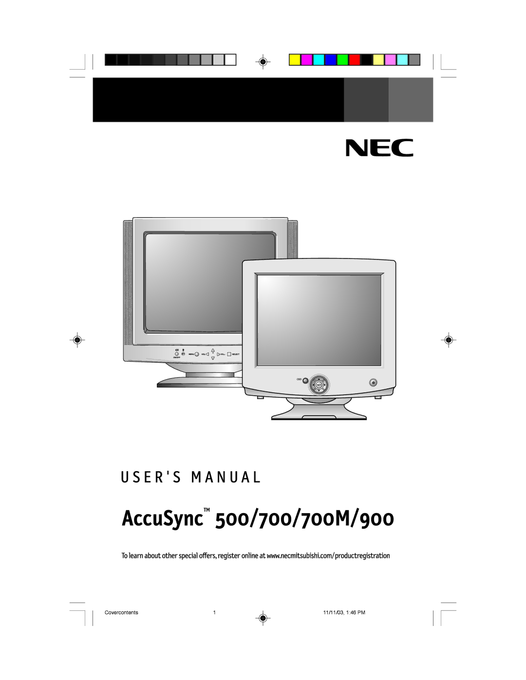 NEC 500, 700, 700M, 900 manual AccuSyncTM 500/700/700M/900 