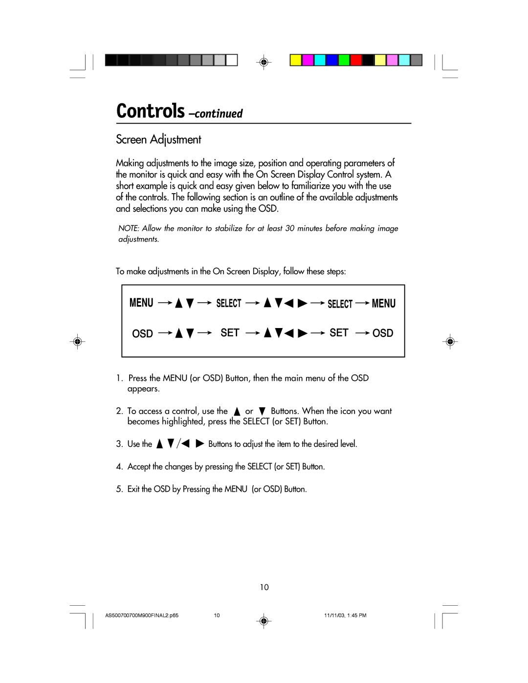 NEC 500, 700, 700M, 900 manual Controls, Screen Adjustment 