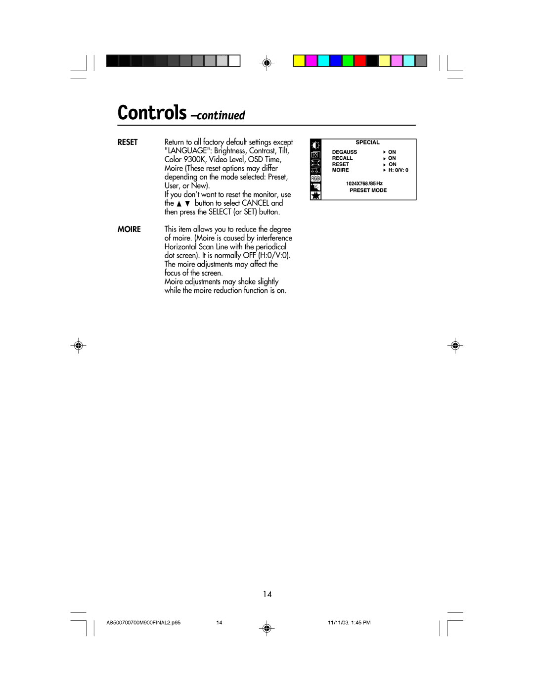 NEC 500, 700, 700M, 900 manual Reset, Moire 